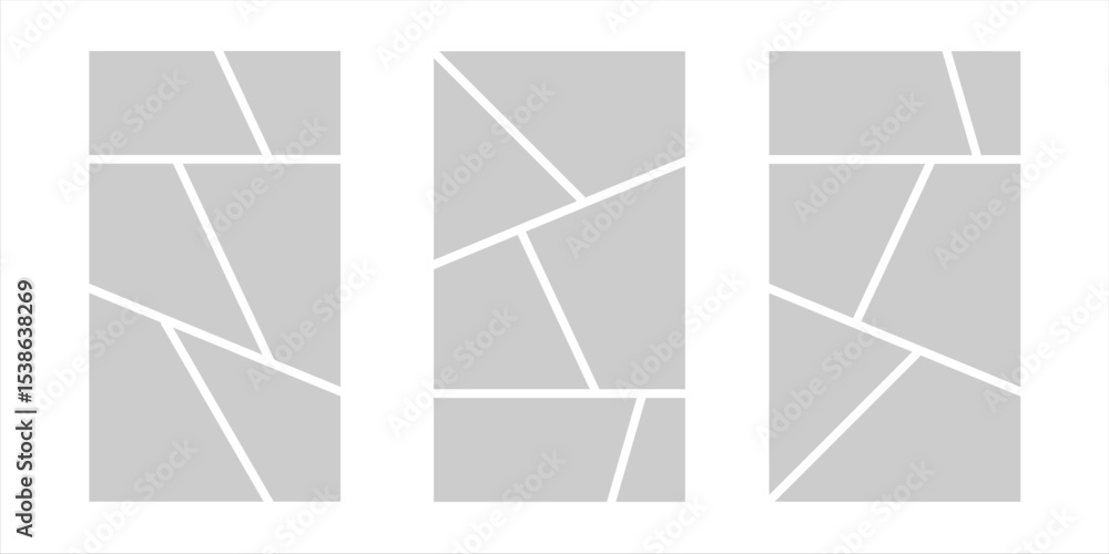 Image collage layout template. Grey mosaic mood board grid collection. Picture frame set. Photo album idea for banner, poster, comic page, flyer, brochure, booklet, memory wall design. Vector pack