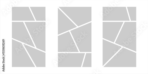 Image collage layout template. Grey mosaic mood board grid collection. Picture frame set. Photo album idea for banner, poster, comic page, flyer, brochure, booklet, memory wall design. Vector pack