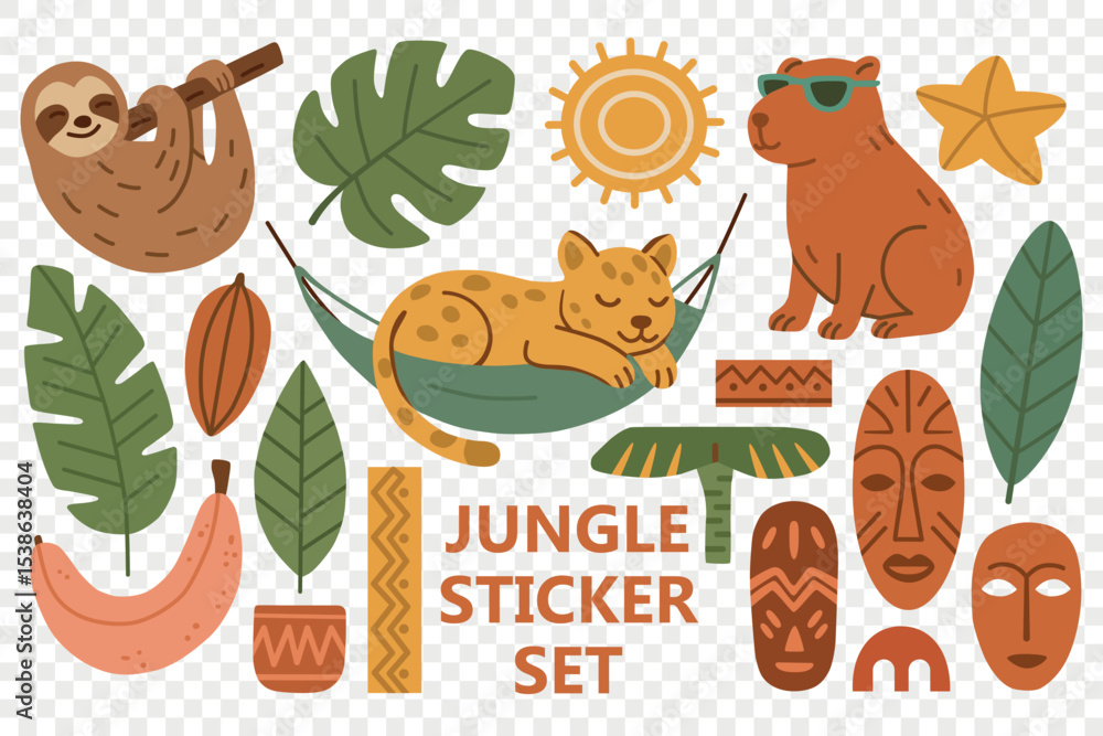 Fototapeta premium Flat vector jungle sticker set with cute tropical animals, leaves, masks, tribal elements. Perfect for kids, jungle party decor, printables, educational projects, t-shirts. Transparent background