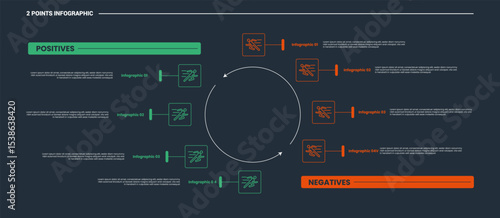 comparison choice infographic process diagram with big circle center opposite point list side by side with outline style vector