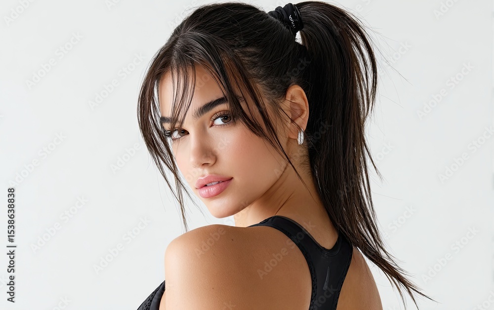 an attractive woman with her hair in a ponytail, wearing a black tank top, posing for the camera against a white background. an attractive woman with her hair in a ponytail, wearing a black tank top, posing for the camera against a white background.