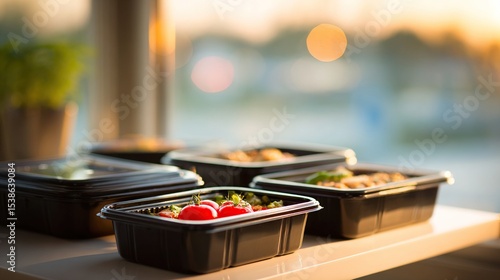 Wallpaper Mural Black plastic food containers filled with assorted dishes, including tomatoes, on a white table, bathed in warm sunlight filtering through a window Torontodigital.ca