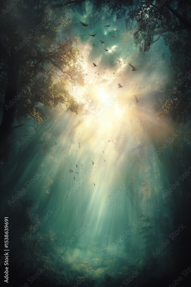 Fototapeta premium Enchanted Forest with Sunbeams and Flying Birds