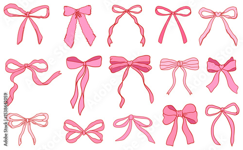 Set of coquette pink bow knots, gift ribbons. Trendy hair braiding accessories. Bow knots for gift wrapping, party decoration, present. Vector illustration.