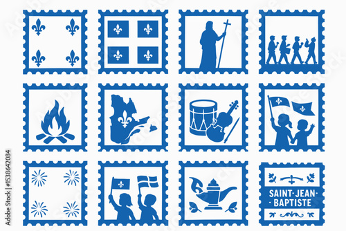 Saint-Jean-Baptiste Day Stamp Icons and Quebec Cultural Celebration Set