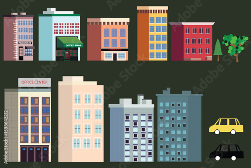 Vector set of City Landscape elements with green trees and cars. Colorful Cityscape elements for city illustration on isolated background.