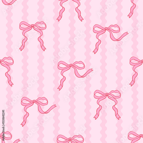 Seamless pattern with coquette pink bow knot on wavy striped pink background. Hair braiding accessory. Editable vector illustration for wrapping paper, packaging, fabric, room decor, phone case etc.