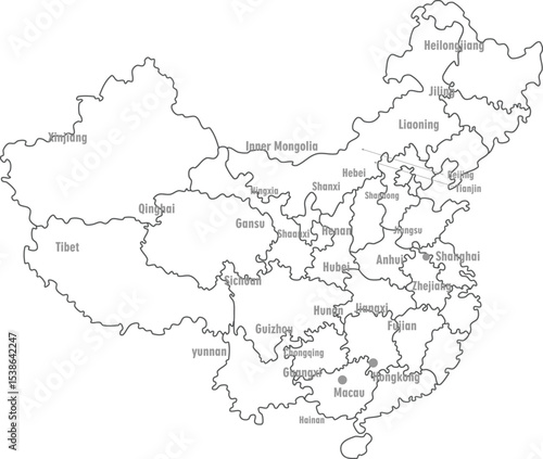 Outline Map of China with Labeled Provinces and Capital Cities 