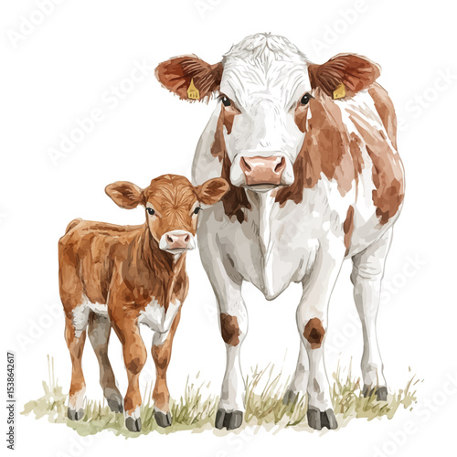 watercolor of A Mother Cow With Her Kid, vector, isolated on a white background.