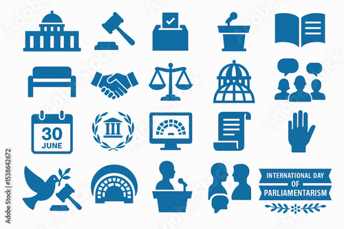 International Day of Parliamentarism Blue Icon Set Featuring Law Justice Democracy Symbols