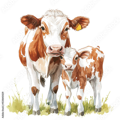 A Mother Cow With Her Kid, watercolor clipart vector, isolated on a white background.