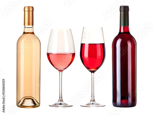 Wine Bottles and Glasses Collection Isolated on White Background