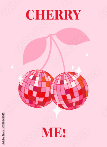 Retro Cowboy print with cherry disco balls. Vintage, preppy wall art with disco mirror ball. Slogan cherry me. Vector illustration for t shirt print, poster, phone case etc.