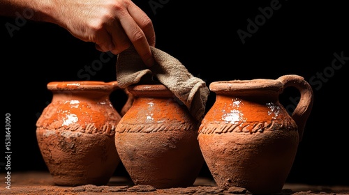 Hand cleaning traditional rustic clay pots made of terracotta on wooden surface, showcasing pottery craftsmanship and earthenware art.