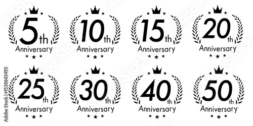 周年・10周年・15周年・20周年・25周年・30周年のアニバーサリーロゴ(anniversarry logo エンブレム 月桂樹 お祝い ベクター 編集可能 シンプル モノクロ 白黒)