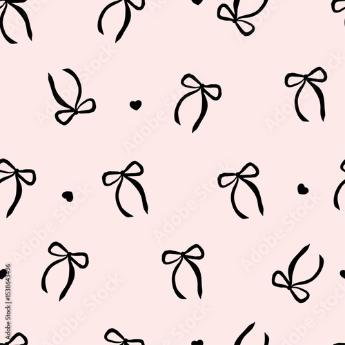Seamless pattern with black bow knots. Elegance print design. Trendy hair braiding accessory on pink background. Vector illustration for wrapping paper, packaging, fabric, wallpaper, phone case etc.