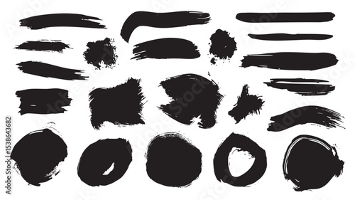 Black paint brush strokes set. Collection of paintbrush smears of rectangle stamps and round shapes. Rough grainy spots with ink splatters. Dye grunge blots with smudge texture. Vector illustration.