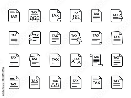 Bundle of Tax Document Silhouettes in Line Style on White Background – Financial Report, Tax Return, IRS Form, and Accounting Paper Icons Collection