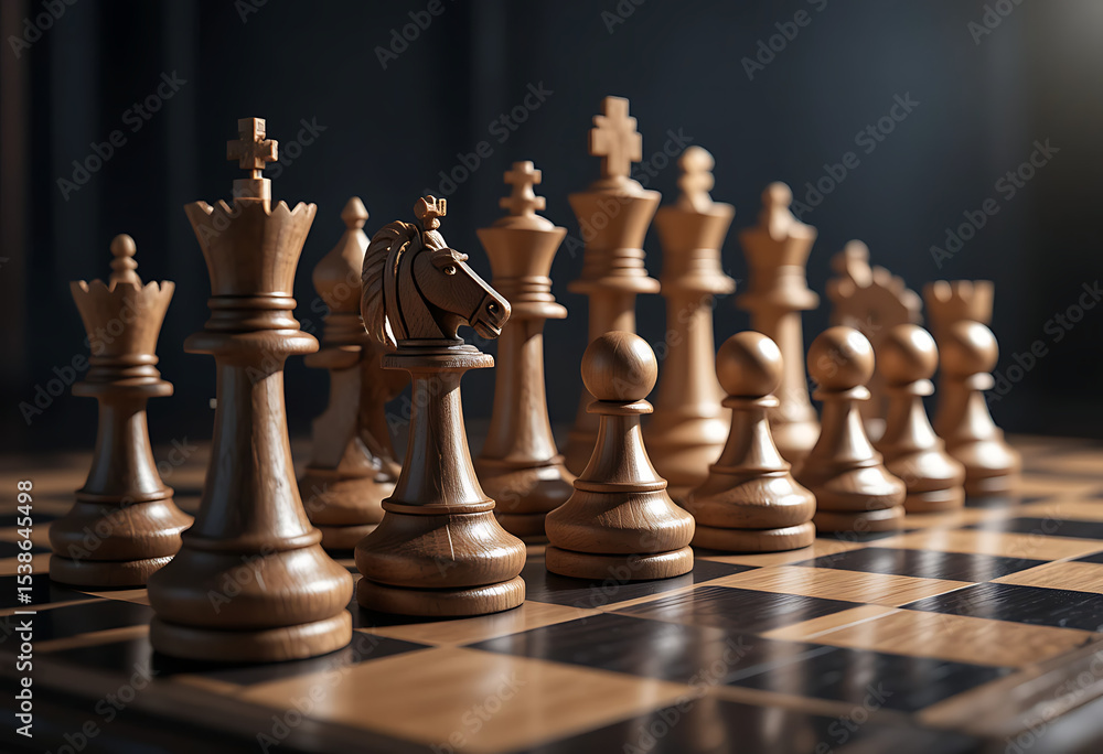 Elegant Wooden Chess Pieces on Classic Chessboard Elegant Wooden Chess Pieces on Classic Chessboard