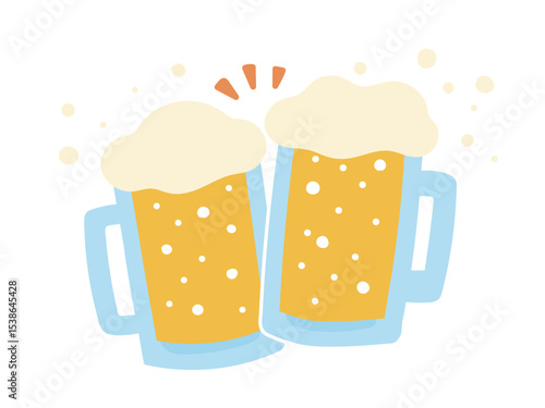 乾杯している泡立つ生ジョッキビールのイラスト