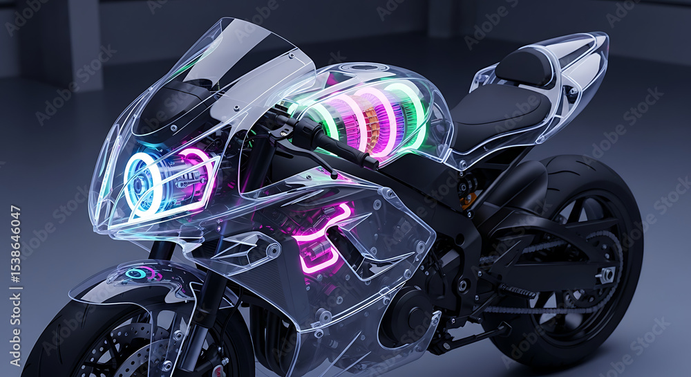Fototapeta premium Colorful neon motorcycle glowing in a dark environment.