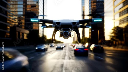 Wallpaper Mural Cinematic close-up of a modern quadcopter drone flying over a city street during a golden sunset Torontodigital.ca