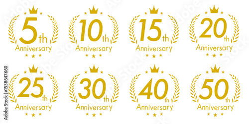 周年・10周年・15周年・20周年・25周年・30周年のアニバーサリーロゴ(anniversarry logo エンブレム 月桂樹 お祝い ベクター 編集可能 シンプル モノクロ 金)