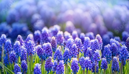 close up background of purple muscari or blue grape hyacinth flowers in field in spring