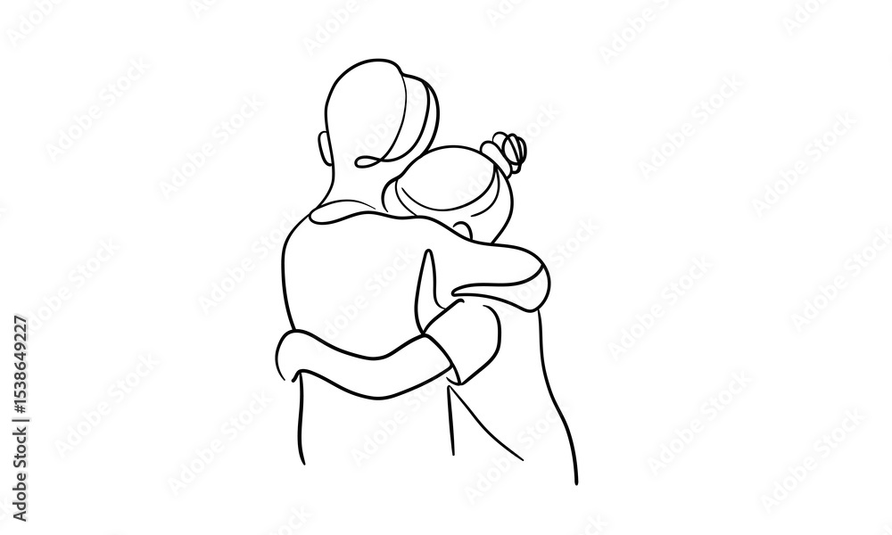 Fototapeta premium Brother hugs sister, continious line drawing. Summer holidays outline. Vector illustration
