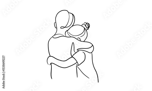 Brother hugs sister, continious line drawing. Summer holidays outline. Vector illustration