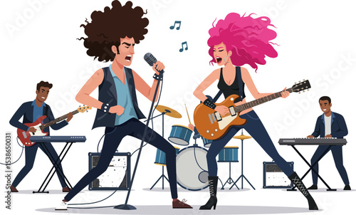 A vibrant illustration of a rock band performing live.