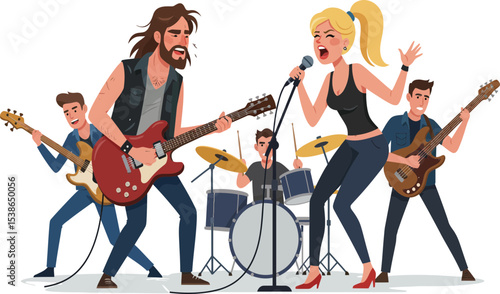 A vibrant illustration of a rock band performing live.
