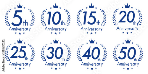 周年・10周年・15周年・20周年・25周年・30周年のアニバーサリーロゴ(anniversarry logo エンブレム 月桂樹 お祝い ベクター 編集可能 シンプル モノクロ 白黒 紺 青 ビジネス)