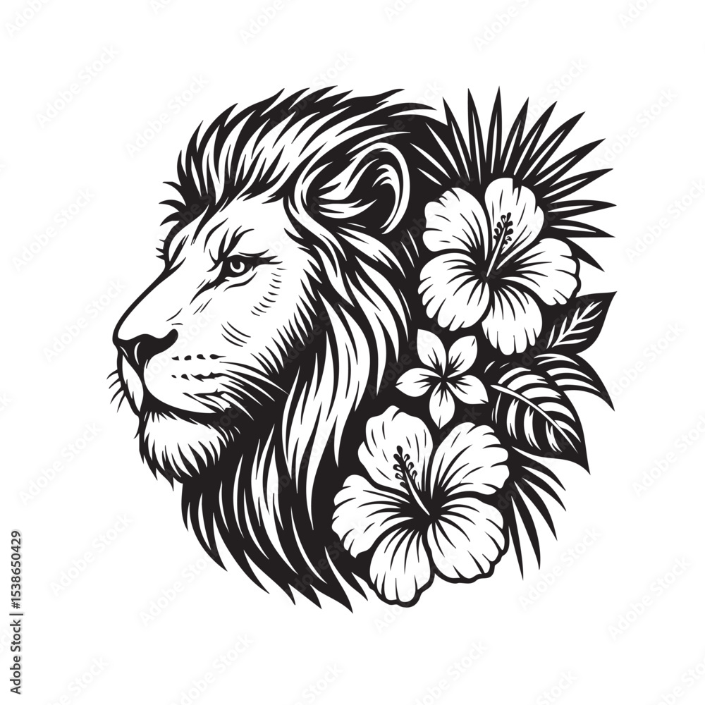 custom made wallpaper toronto digitalVector of majestic lion head framed with hibiscus flowers and foliage in bold black and white engraving style. Wildlife Animals.