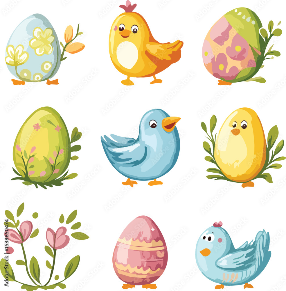 Fototapeta premium set of easter eggs and birds