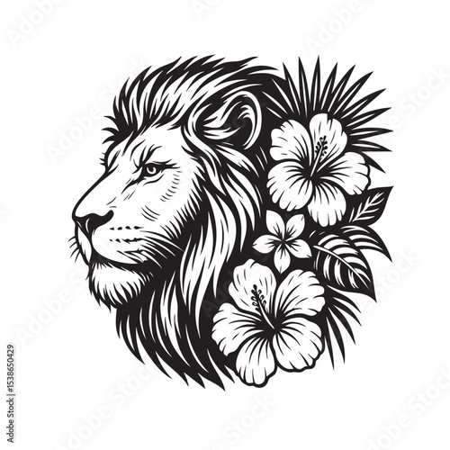 Wallpaper Mural Vector of majestic lion head framed with hibiscus flowers and foliage in bold black and white engraving style. Wildlife Animals. Torontodigital.ca