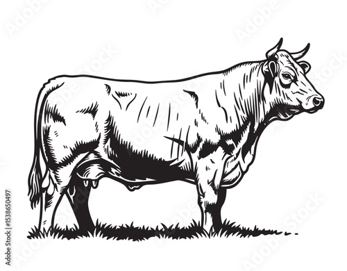 Detailed black and white illustration of a Belgian Blue cow in side profile, standing on grass in vintage engraving style. Farm animals.