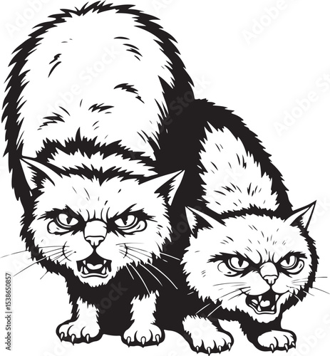 Aggressive furry cats shouting vector, two angry cats with wild fur, intense expressions, ready to attack, hostile feline illustration, dangerous pet sketch, fierce animal art, emotional cat conflict.