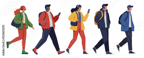 Flat vector individuals with headphones walking in downtown area