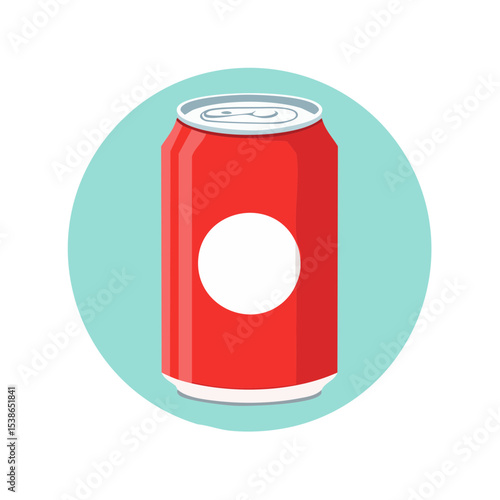 A refreshing soda can with a vibrant red and white design set against a light blue background. A drink for refreshment!