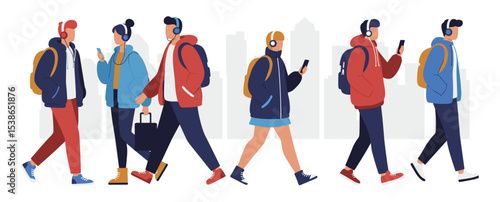 Flat vector individuals with headphones walking in downtown area