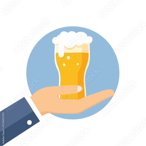 A person's hand holding a frothy pint of beer in a casual setting