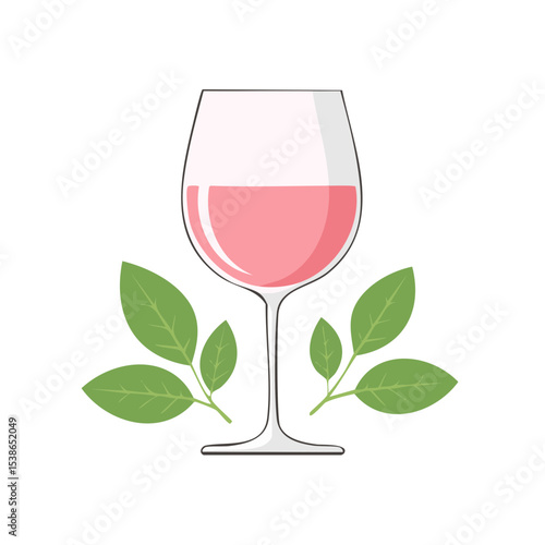 A refreshing glass of rose wine adorned with vibrant green leaves