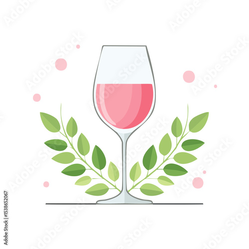 A glass of delicious rose red wine with elegant leaves around it. The wine glass is filled with a red liquid and placed against a simple leaf decoration