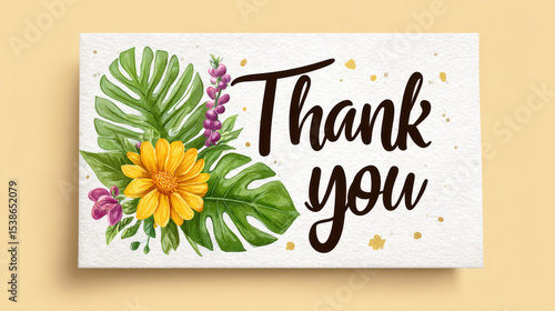 A luxurious card design with the text 'Thank you' on a bright, simple pastel background