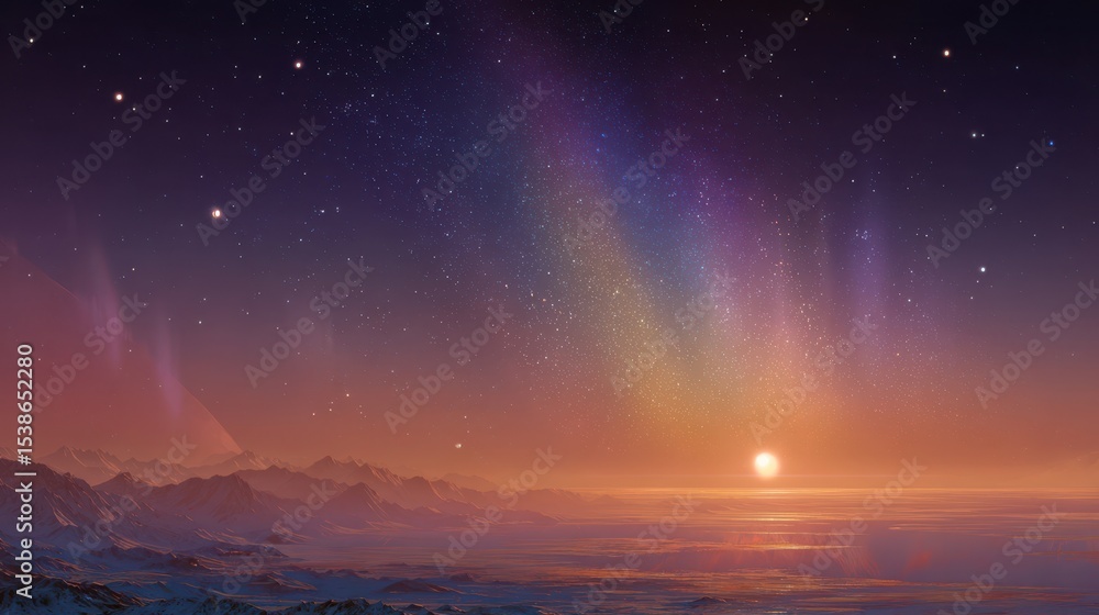 Fototapeta premium A radiant celestial horizon with shimmering auroras dancing above distant glowing planets and floating cosmic dust.