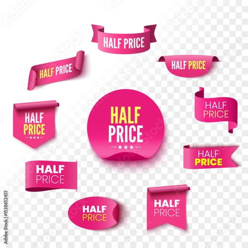 Half price sale banners. Pink ribbons, tags and stickers. Vector illustration.
