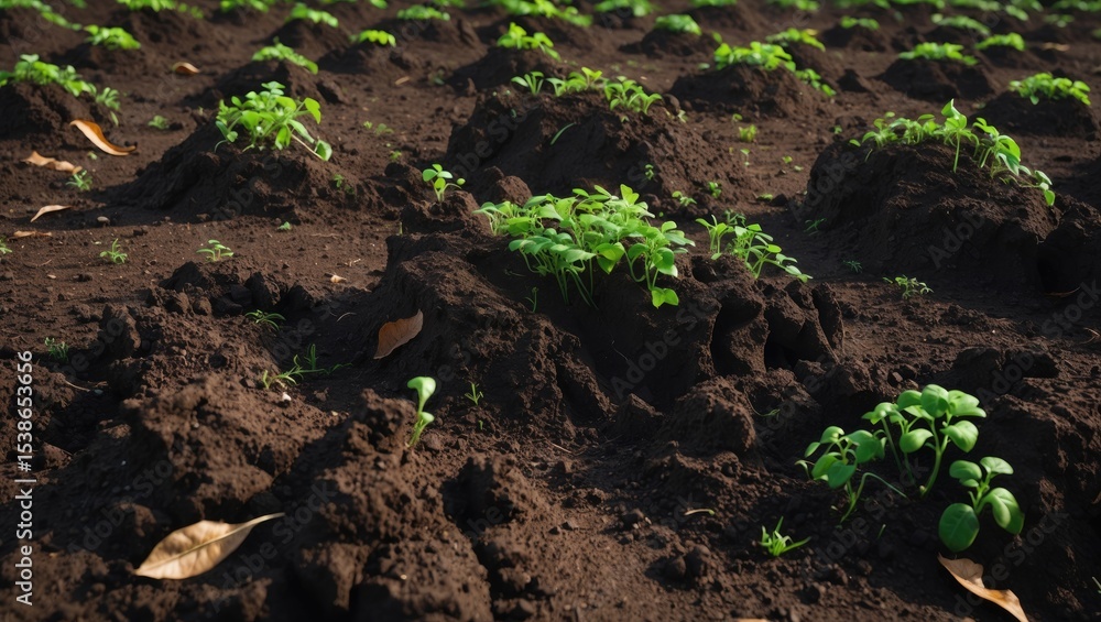 Dark, rich earth is broken into clumps, exposing small green plants emerging. This agricultural landscape displays early growth. Dark, rich earth is broken into clumps, exposing small green plants emerging. This agricultural landscape displays early growth.
