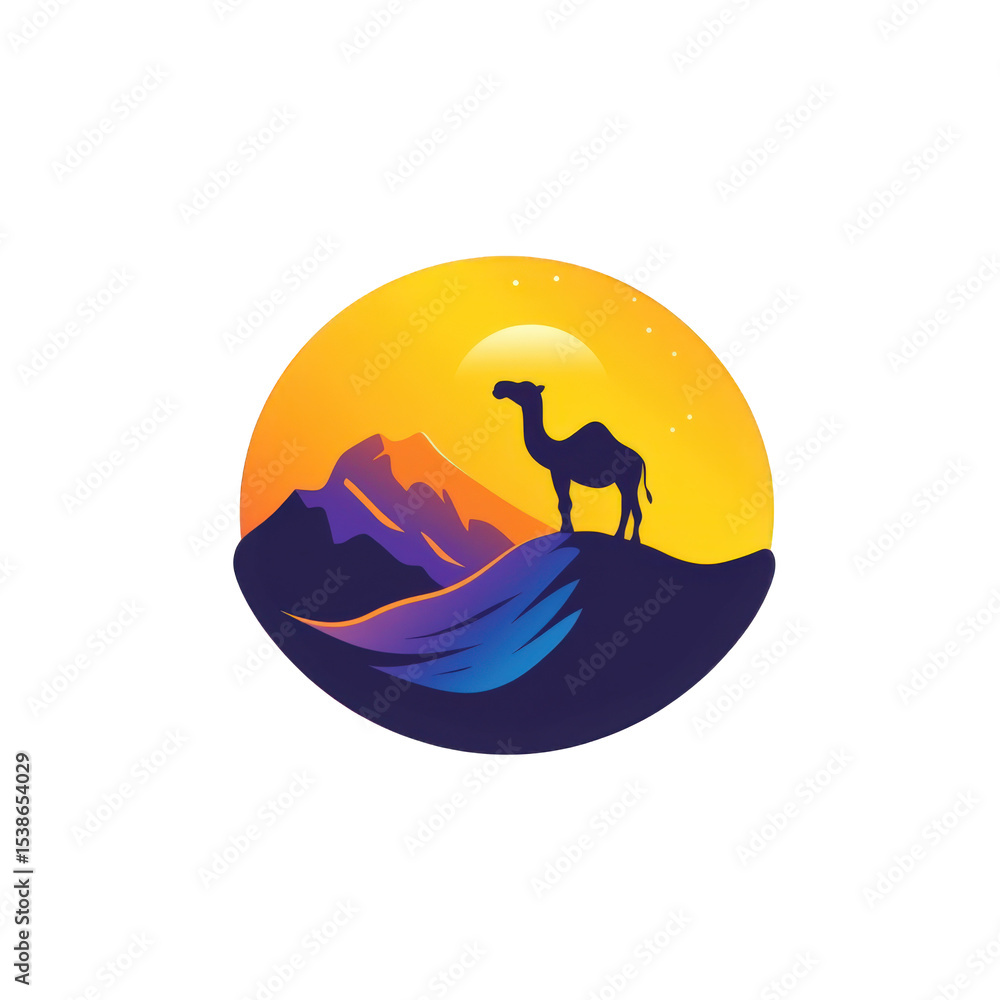 Obraz premium Silhouette of a camel standing on a hill with mountains and sun on isolated background
