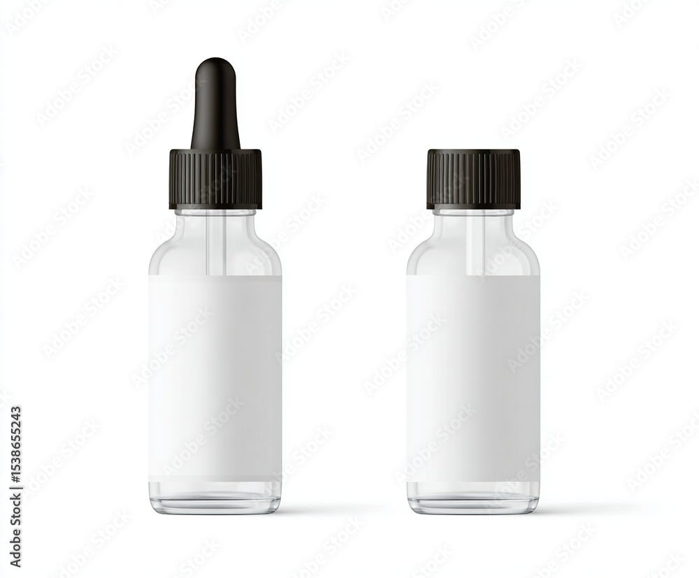 Two clear glass bottles with blank labels on a white surface. Two clear glass bottles with blank labels on a white surface.